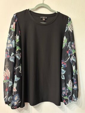 Tahari Black Floral Sheer Balloon Sleeve Round Neck Blouse Women's Plus Size 1X